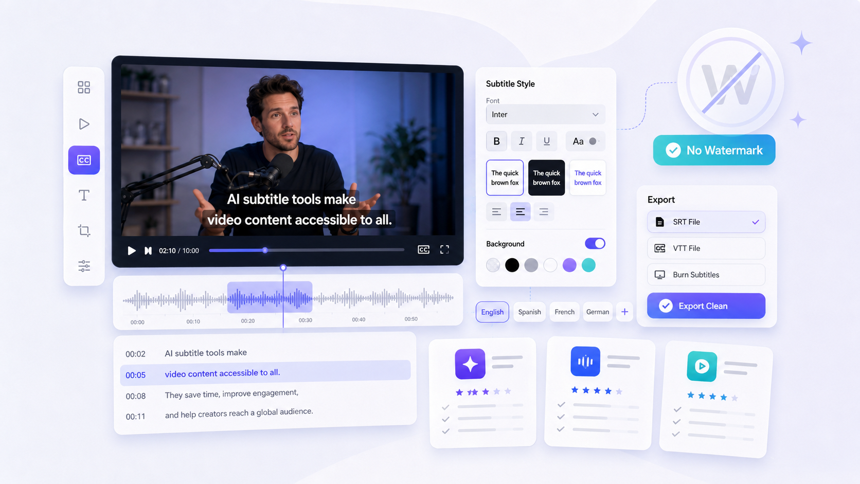 AI subtitle generator interface with caption styling controls, transcript timeline, clean export options, and no-watermark badge.