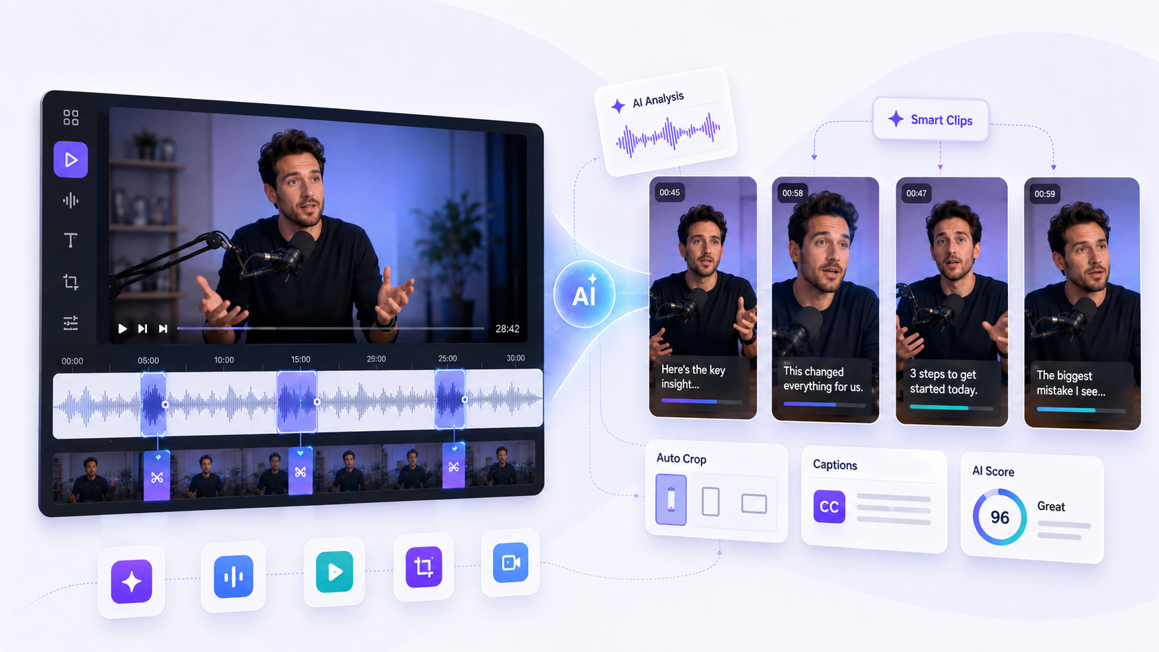 AI video editing interface showing a long horizontal video timeline converted into short vertical clips with captions and smart clip scoring.